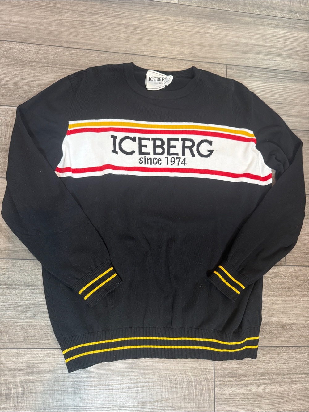 Iceberg Black Crewneck Sweater with White Logo Panel and Red & Yellow Stripes